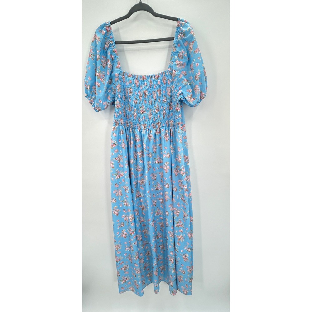 SHEIN Curve Blue Floral Milkmaid Maxi Dress 4XL Plus Size Smocked Puff Sleeve - Picture 4 of 11